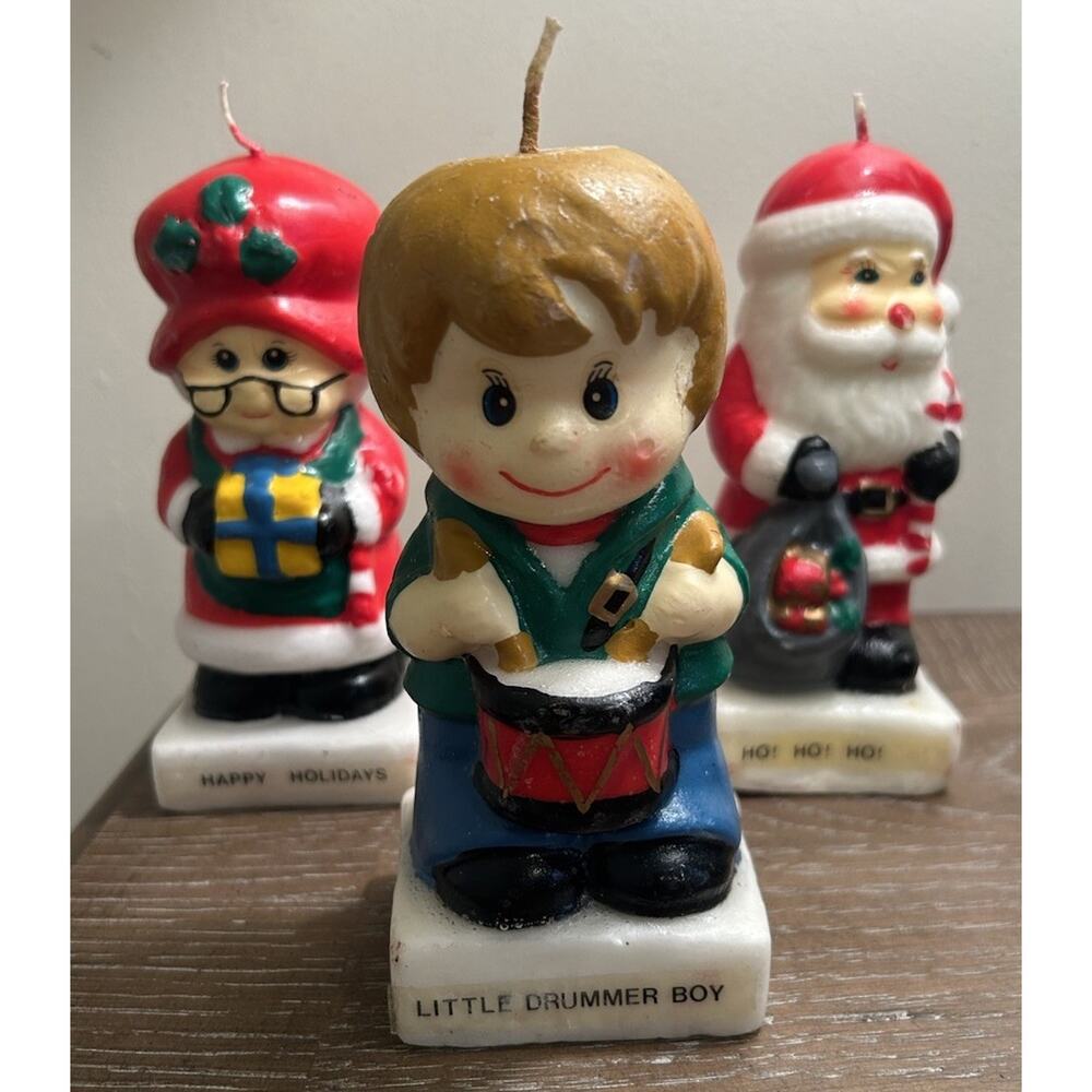 Vtg Christmas Candles Hand Painted Figures set of 3 Santa Mrs Claus Drummer‎ Boy